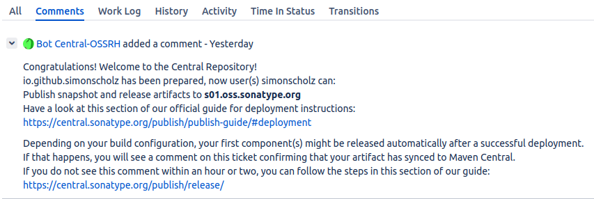 Screenshot of the bot comment in jira issue