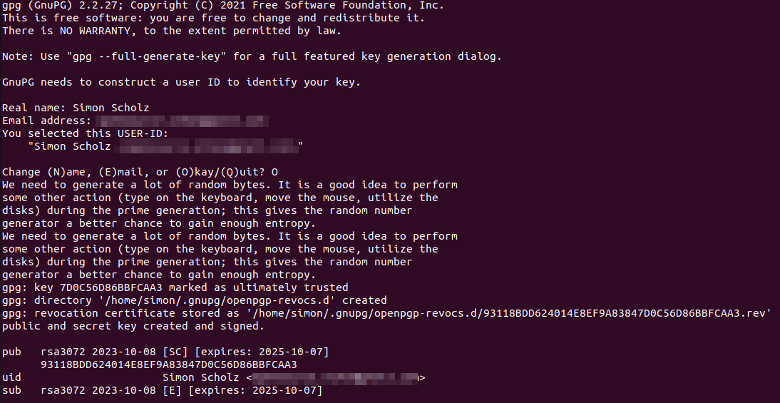 Output of gpg --gen-key
